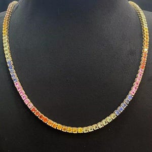 Regenbogen Saphir Tennis Halskette: Sterling Silber Halskette Ombre Edelstein