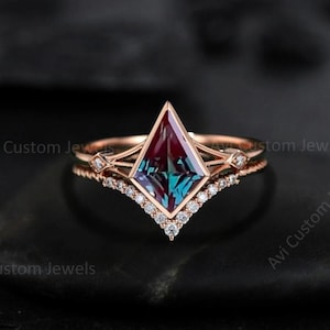 Kite Cut Alexandrite Ring Set: Vintage Diamond Band, Rose Gold Sterling Silver
