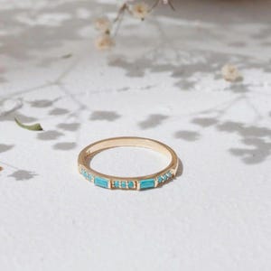 14K Gold Turquoise Baguette Ring: Sterling Silver Half Eternity Band
