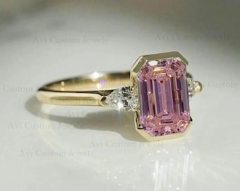 Förlovningsring med rosa safir, smaragdslipad diamant, ring i sterlingsilver