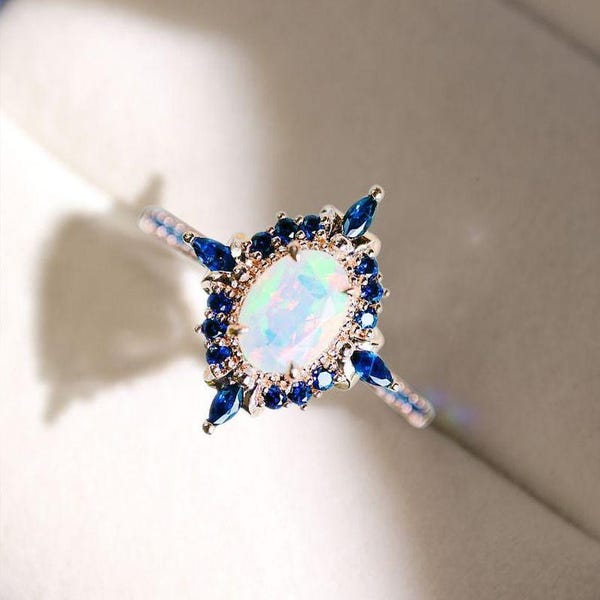 Opal Engagement Ring, Blue Sapphire, 925 Sterling Silver Promise Ring