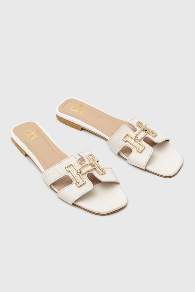 white flat slide sandals