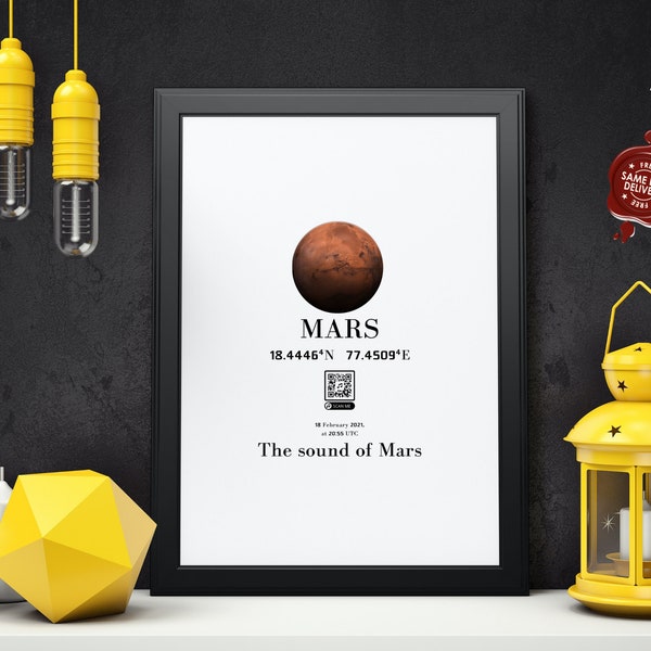 Minimalist Coordinates Print, listen to the original mars sounds, landing coordinates, beautiful geek gift, Living Room decorate room frame