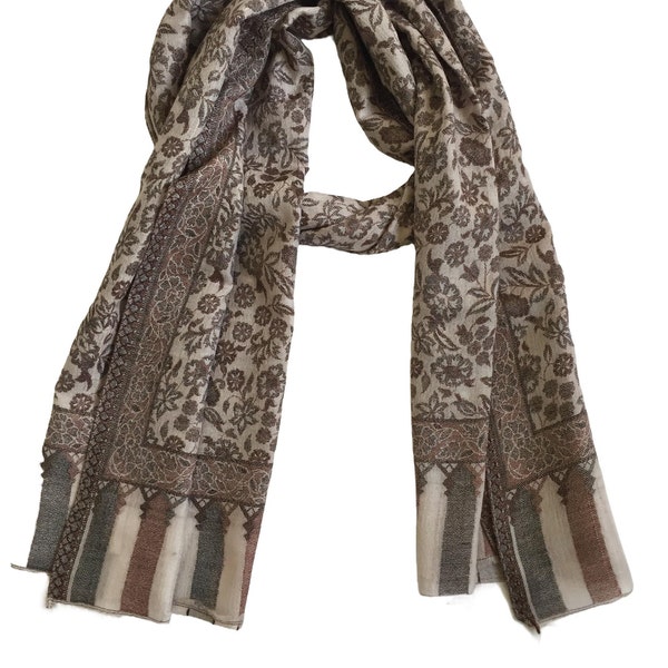 Grey and brown pashmina ,fine wool silk pashmina, unisex design,Kani weave pattern