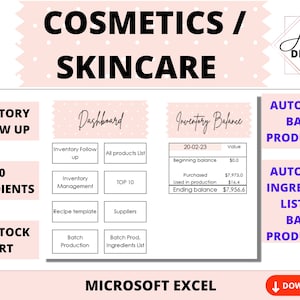 Cosmetics Skincare handmade products excel template | Automatic Batch Production Inventory List | Recipe & inventory follow up