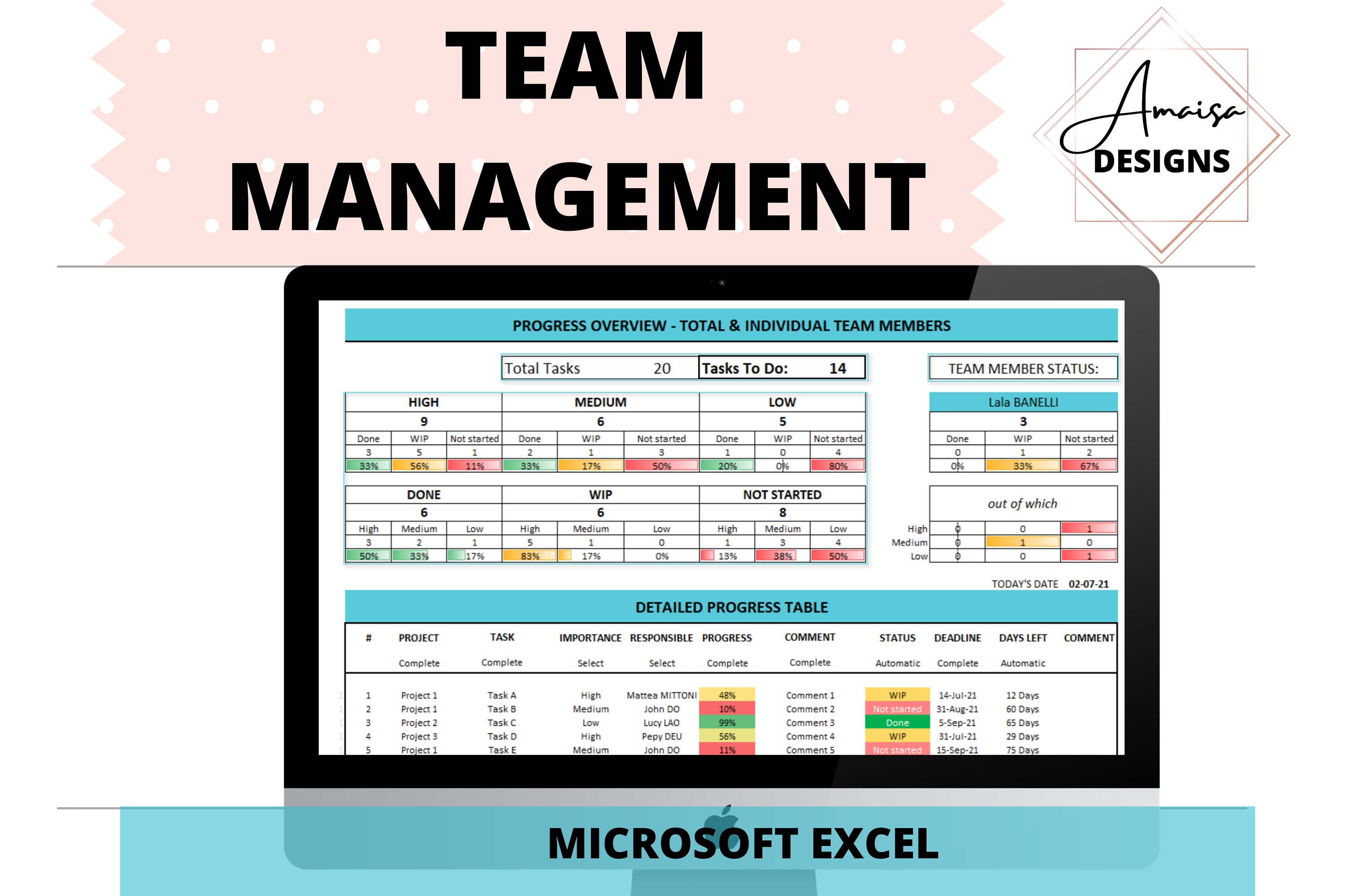 Management Tasks Tracker Planner | Excel to Do List | Excel Task ...