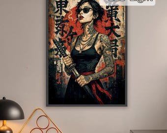 LED Light Canvas – YAKUZA Girl | Glowing Samurai Wall Art | Badass Female Warrior Decor | Cyberpunk LED Painting | Gift for Her | Tattoo Art
