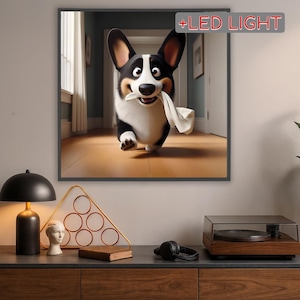 Lienzo de perro con luz LED, impresión de corgi iluminado, pintura de perro brillante, regalo de cachorro juguetón, decoración para amantes de los perros, arte de pared para habitación de mascotas, arte de pared de perro