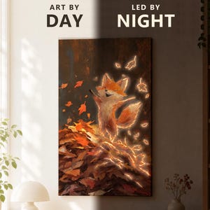 Cuadro decorativo LED de zorro otoñal, lienzo iluminado con animales del bosque, decoración acogedora para el hogar inspirada en el bosque.
