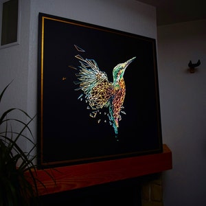 lighted kingfisher painting with the visible light effect and illumination in the dark