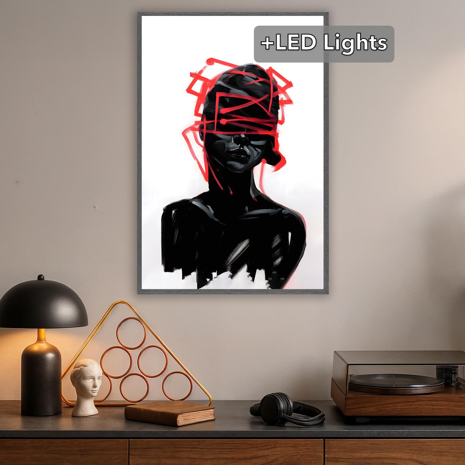 Light Painting Abstract LED Light Canvas, Red Neon Graffiti Art, Modern Urban Wall Art, Bold Dark Female Portrait, Illuminated Art Print