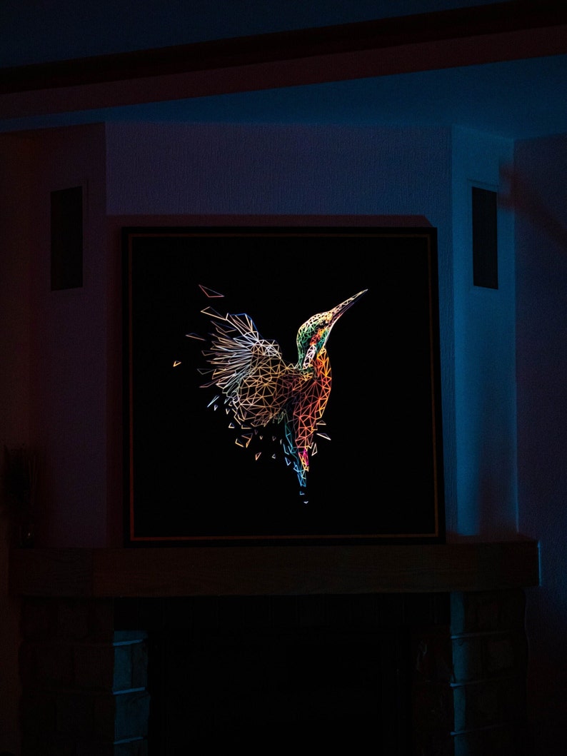 geometrical kingfisher bird painting that lights in the dark
