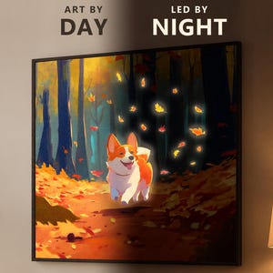 Cuadro de Corgi iluminado: Decoración de pared LED Bosque de otoño