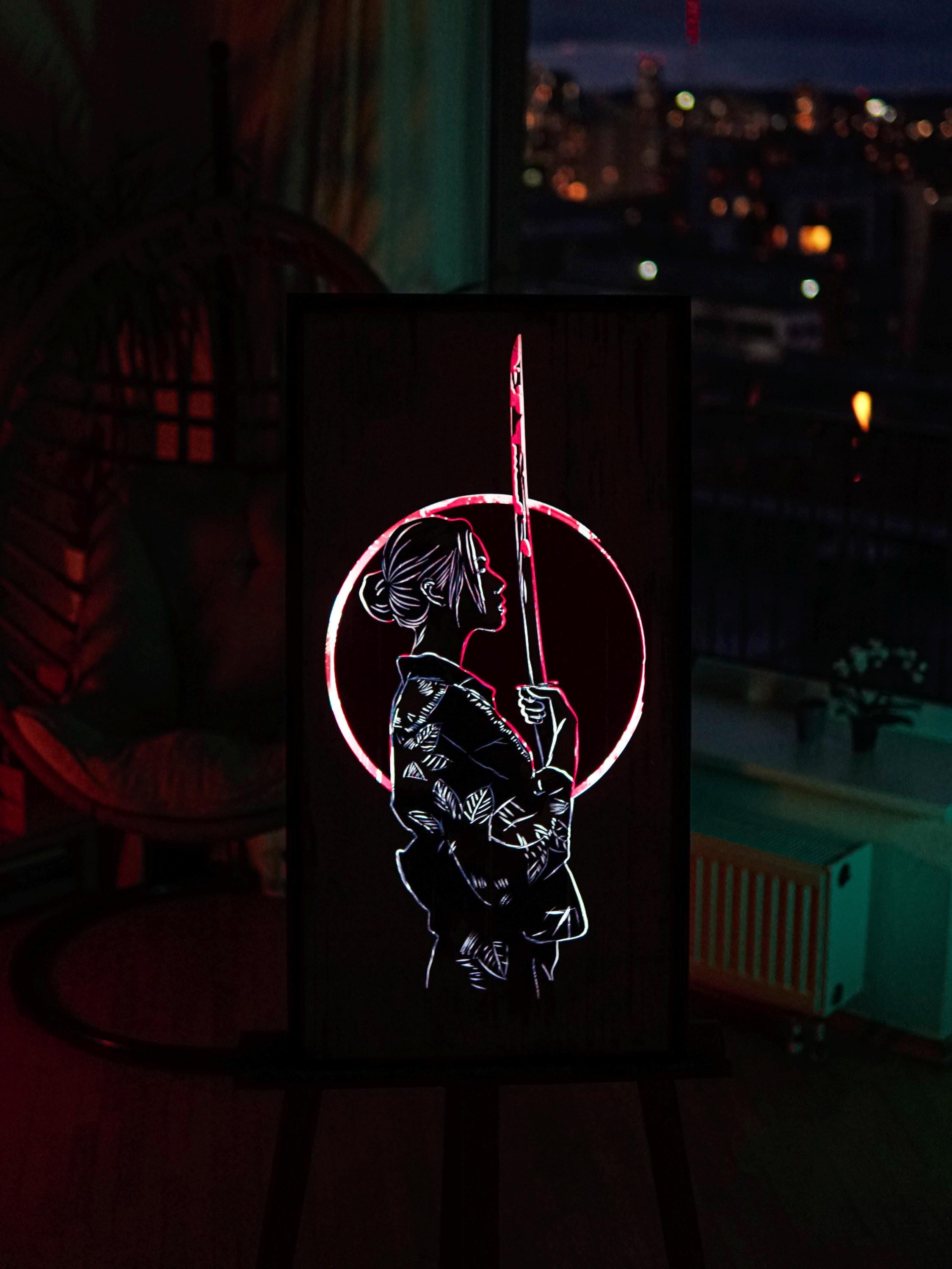 Led Design Samurai Samurai Light Painting: LED Japanese Warrior Canvas Art - Etsy