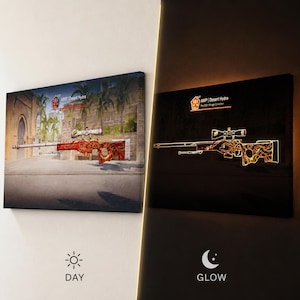 May include: A rectangular wall art canvas featuring the AWP Desert Hydra from the 2021 Mirage Collection. The left side shows the rifle in daylight against a desert background, while the right side displays the same rifle glowing in the dark.