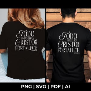 Peut inclure: T-shirt noir avec du texte blanc qui dit "Todo lo puedo en Cristo que me fortalece" et "Filipenses 4:13".