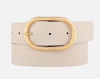 May include: A light pink leather belt with a gold oval buckle.