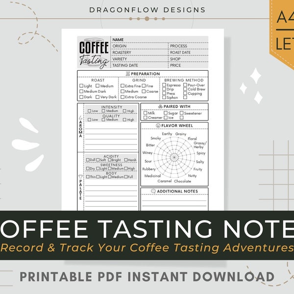 Coffee Tasting Notes Journal PDF Printable Download | Template Sheet to Record Brew Drink Reviews & Ratings: Aroma, Flavor, Palate, Finish