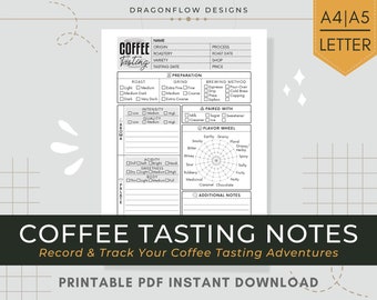 Coffee Tasting Notes Journal PDF Printable Download | Template Sheet to Record Brew Drink Reviews & Ratings: Aroma, Flavor, Palate, Finish