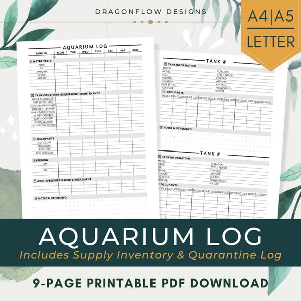 Aquarium Care & Maintenance Logbook PDF Printable Download | Track Water Parameters, Feeding, Tank Conditions | Fish Keeping Record Template