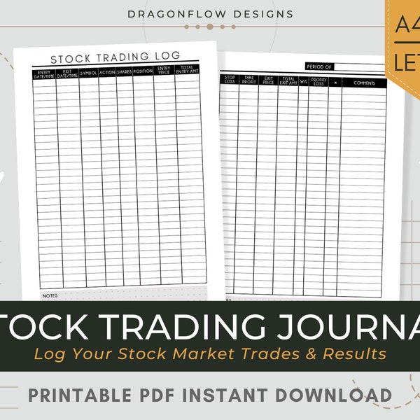 Stock Trading Journal Printable | Stock Market Trade & Investment Ledger PDF Template to Track Transactions, Asset Prices, Results and Notes