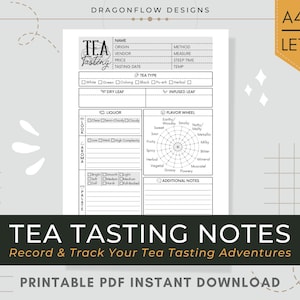 お茶のテイスティングノートジャーナル PDF 印刷可能ダウンロード | お茶のレビューと評価を記録するテンプレートシート: 外観、香り、風味、味覚、後味