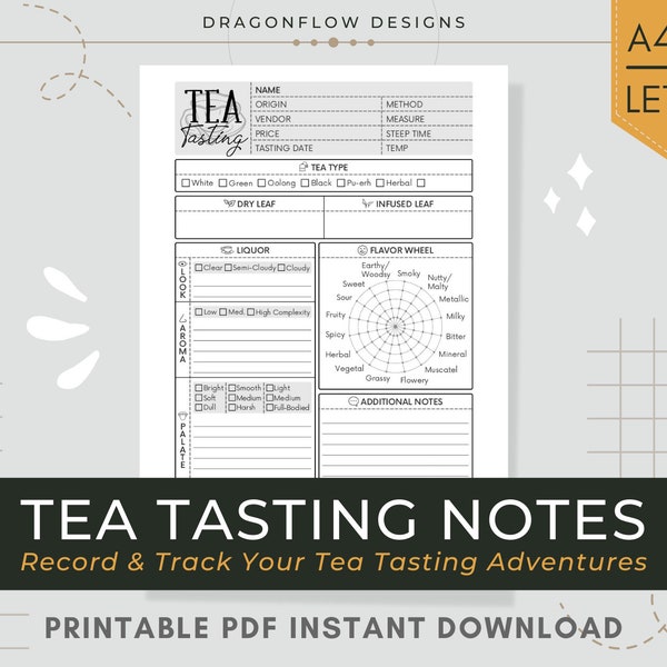 Tea Tasting Notes Journal PDF Printable Download | Template Sheet to Record Tea Reviews & Ratings: Appearance, Aroma, Flavor, Palate, Finish