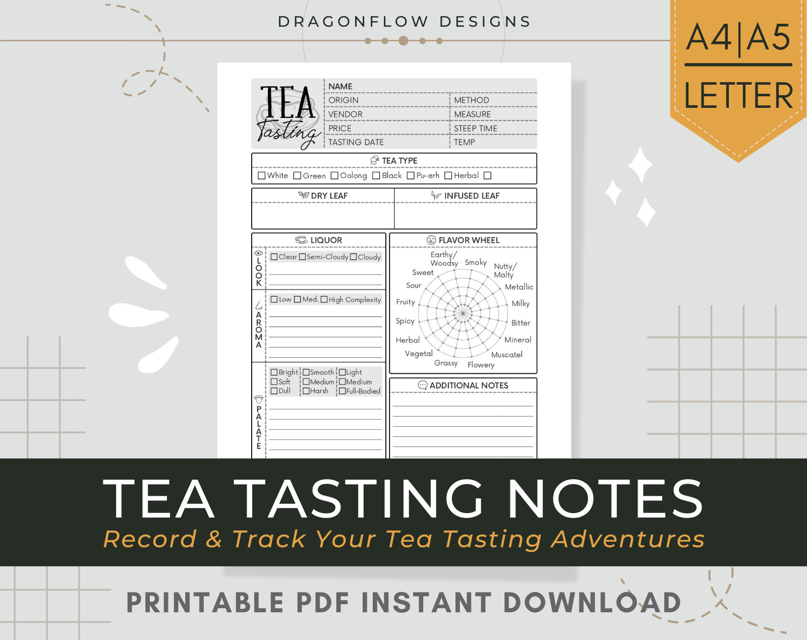 Tea Tasting Notes Journal PDF Printable Download Template Sheet to