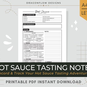 ホットソースのテイスティングノートジャーナル PDF 印刷可能 | ソースの外観、香り、味、食感、辛さスコア、レビュー、評価を記録するテンプレートシート