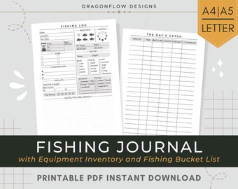 Fishing Journal PDF Printable Download | Log Trip Details, Conditions, Fish Caught | Angling Tracker with Equipment Inventory & Bucket List