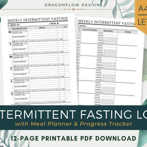 Op de afbeelding: Een zwart-witte printbare logboek voor het bijhouden van intermitterend vasten. De logboek bevat een wekelijks schema voor vasten- en eetvensters, een maaltijdplanner en een voortgangsmeter om slaap, stemming, focus, energie en honger te monitoren.