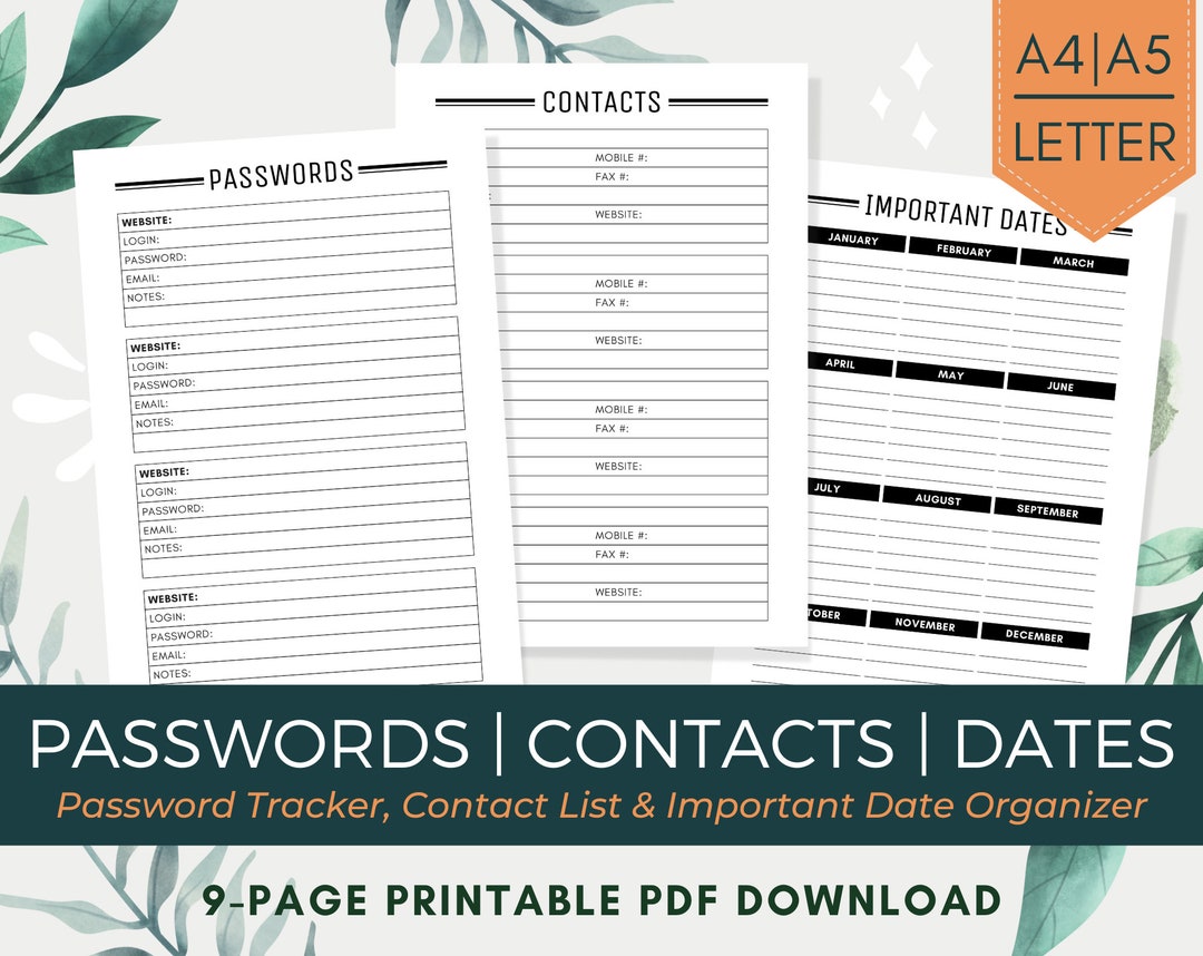 Password Tracker PDF Template, Address Book Contact Log Printable ...
