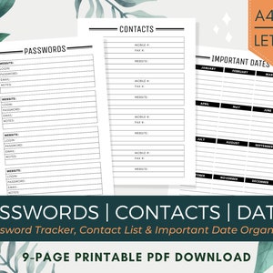 Password Tracker PDF Template, Address Book Contact Log Printable & Important Dates Planner Insert | Birthday and Event Year Calendar Sheet