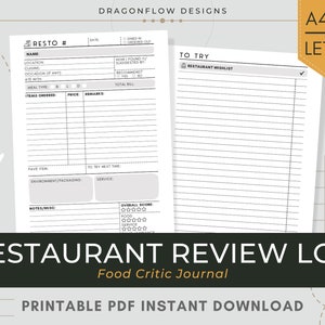 Restaurant Review Log Printable Download | Foodie Journal PDF Template | Food Critic & Dining Out Tracker for Food Lovers, Tasters, Bloggers