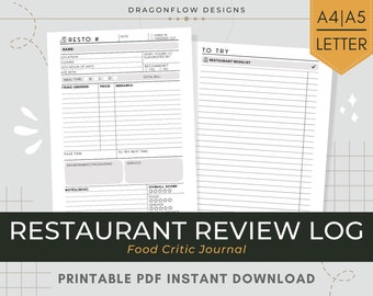 Restaurant Review Log Printable Download | Foodie Journal PDF Template | Food Critic & Dining Out Tracker for Food Lovers, Tasters, Bloggers