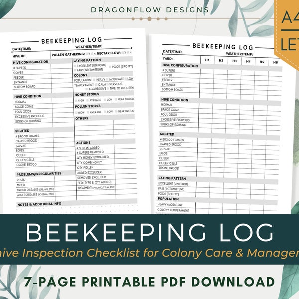 Beekeeping Log Printable Download | Beehive Inspection Checklist, Beekeeper's Journal | Apiary Record Sheet, Apiarist's Logbook PDF Template