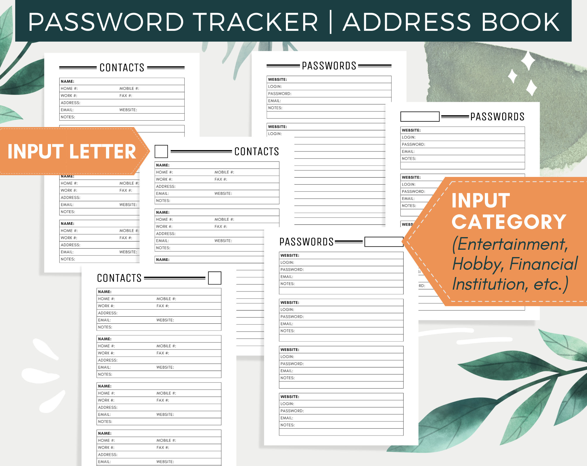 Password Tracker PDF Template, Address Book Contact Log Printable ...
