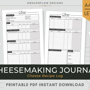 May include: Printable cheesemaking journal with sections for general information, milk, cultures and additives, coagulation, cures, pressing and brining, air drying, waxing and aging, comments and a verdict section. The journal has a black and white design with a handwritten font.