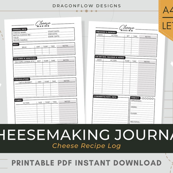 Käseherstellung Journal PDF Download | Hausgemachte Käse Rezept Logbuch Vorlage Printable | Käserei-Organizer für Käser & Produzenten