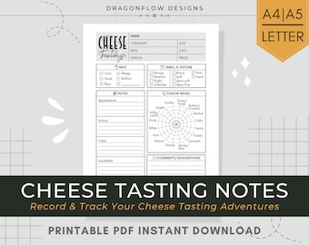 Cheese Tasting Notes Journal PDF Printable | Template Sheet to Record Cheese Details, Appearance, Smell, Taste, Mouthfeel, Review & Rating