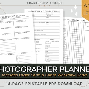 Fotograaf Planner Afdrukbare | Fotografie Journal PDF Template | Sessieorderformulier, workflowdiagram, werkbladen voor bedrijfsinkomsten en -uitgaven