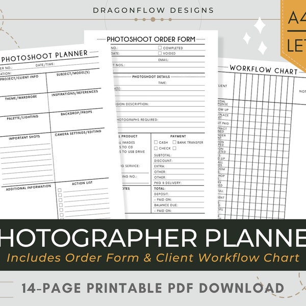 Planificateur de photographe Imprimable | Journal de photographie PDF Modèle | Formulaire de commande de session, graphique de flux de travail, feuilles de calcul des revenus et des dépenses de l’entreprise