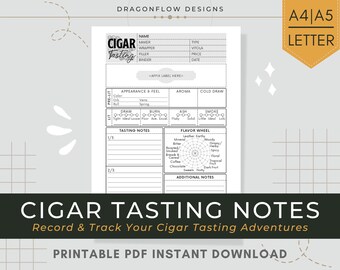 Cigar Tasting Journal Printable Download | Smoking Review Log PDF Template: Record General Profile, Appearance, Nose, Flavor Notes & Ratings