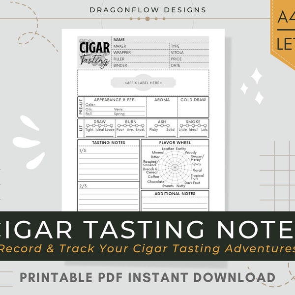 Cigar Tasting Journal Printable Download | Smoking Review Log PDF Template: Record General Profile, Appearance, Nose, Flavor Notes & Ratings