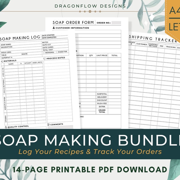 Soap Making Planner Bundle Template Printable | Soaper Business Logbook & Journal PDF Download | Recipe Sheet, Order Form, Shipping Tracker