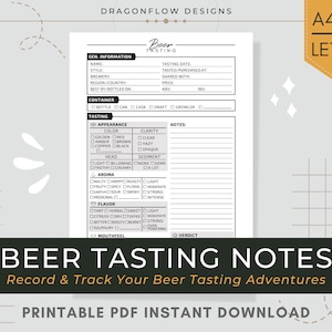 Puede incluir: Plantilla de notas de cata de cerveza imprimible con secciones para información general, apariencia, aroma, sabor, sensación en boca y notas. La plantilla está diseñada para registrar y rastrear las aventuras de cata de cerveza.