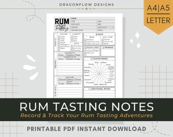 Rum Tasting Journal Printable Download | Rhum Review Log PDF Template | Record Bottle Information, Appearance, Nose, Flavor Notes & Ratings