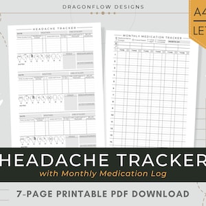 May include: A printable headache tracker with a monthly medication log. The tracker includes sections for date, time, duration, warning signs, description, triggers, hours of sleep, meals, medication, and activity/exercise. The medication log includes sections for medicine name, dosage, time, and notes.