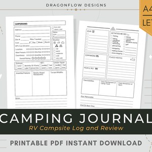 Journal du terrain de camping PDF Imprimable Télécharger | | modèle camping Journal Informations sur le camping &Avis Tracker | Famille RV Caravan Travel Insert