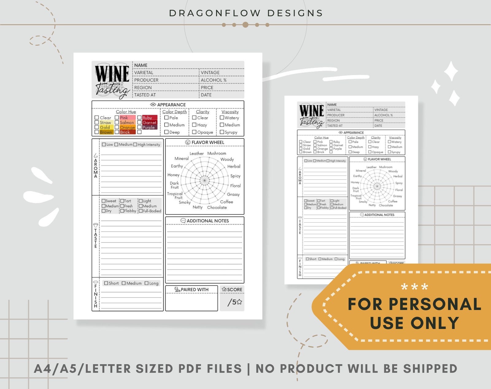 Wine Tasting Notes Journal PDF Printable Download | Template Sheet to ...